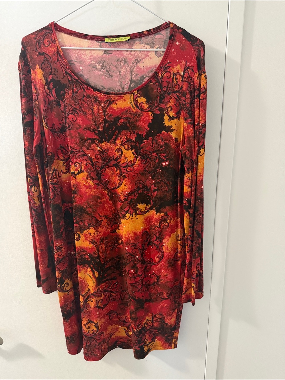 Versace Jeans Red & Orange Printed Long Sleeved Mini Dress - XL